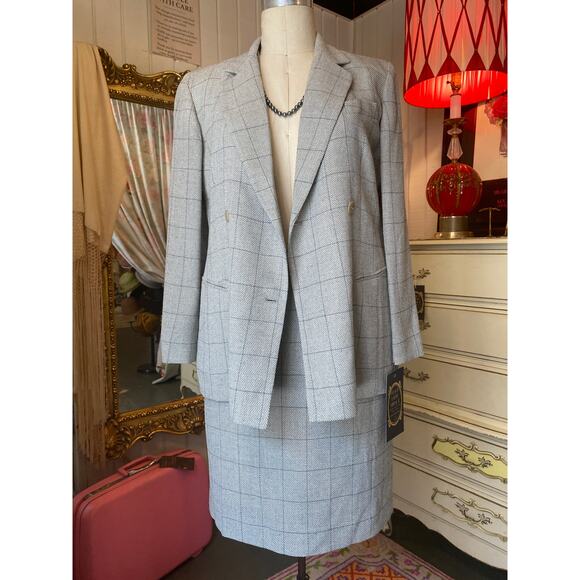 vintage 1990s Ungaro gray plaid womens suit double breasted jacket med 6 skirt - Picture 5 of 8